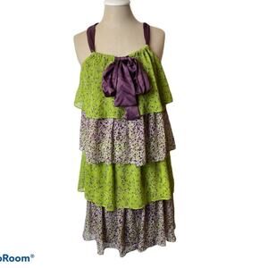 Allen B Green Purple Green Tiered Ruffle Skirt Ribbon Strap Boho Dress Size 4
